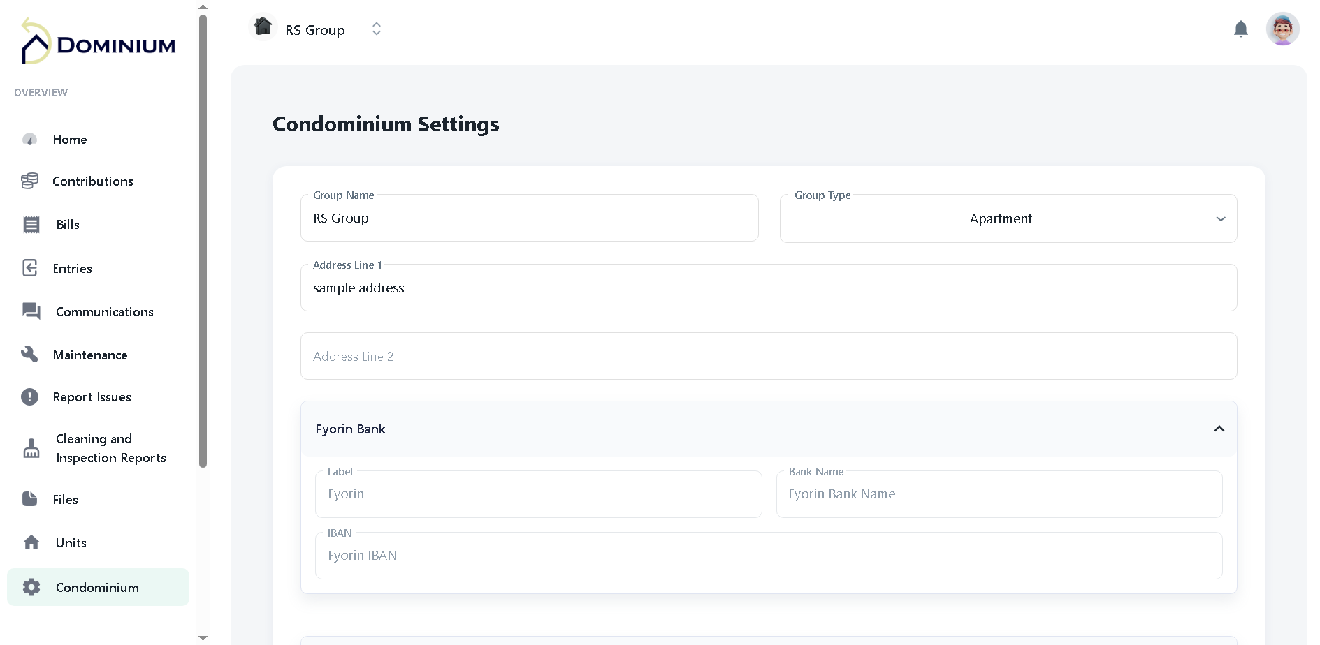 Dominium condominium setup screen